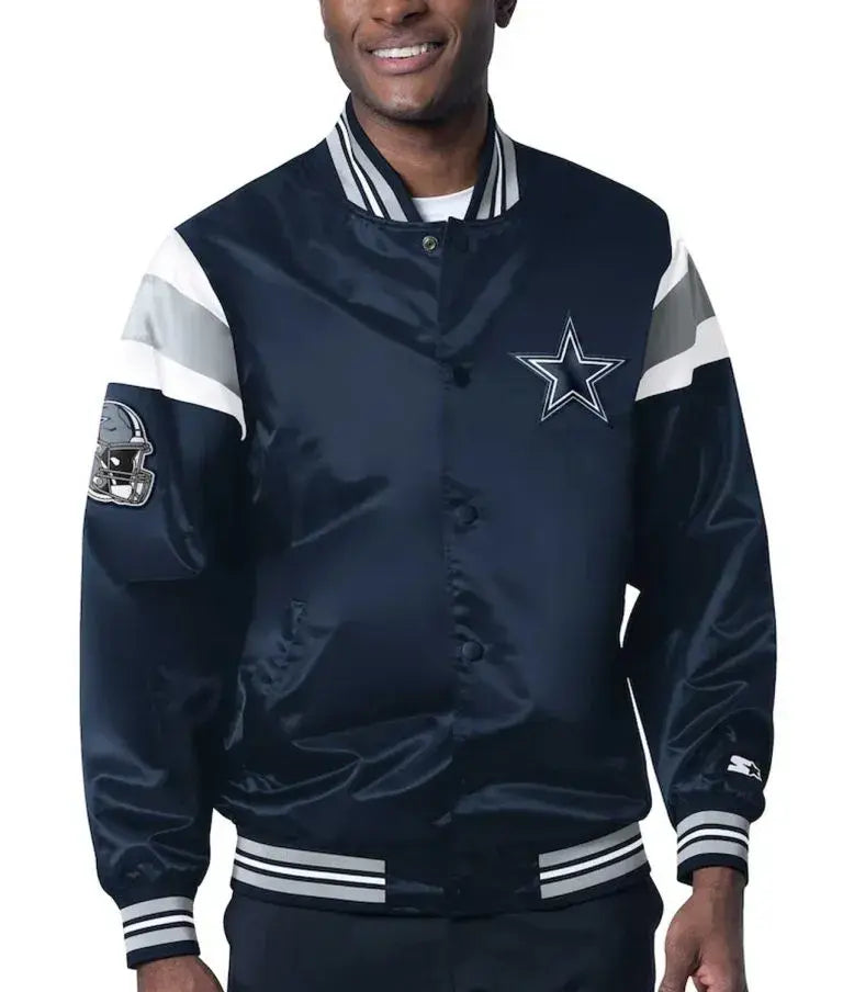 Dallas Cowboys Heavyweight Full-Snap Varsity Navy Blue Satin Men's Bomber Jacket