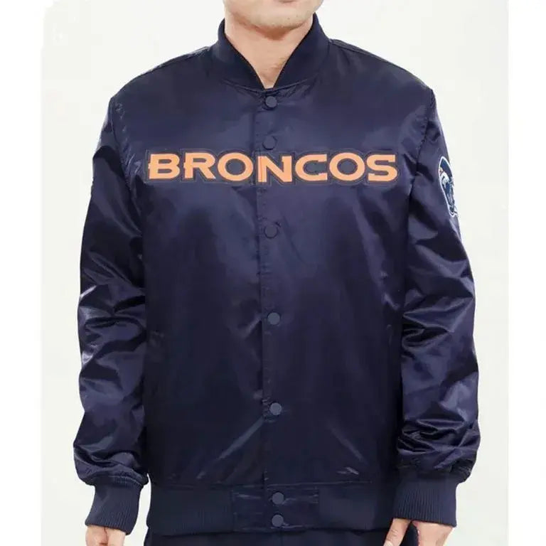 Denver Broncos Full-Snap Varsity Navy Blue Satin Men's Bomber Jacket
