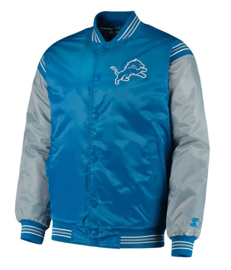 Detroit Lions Full-Snap Varsity Blue and Grey Satin Men's Bomber Jacket