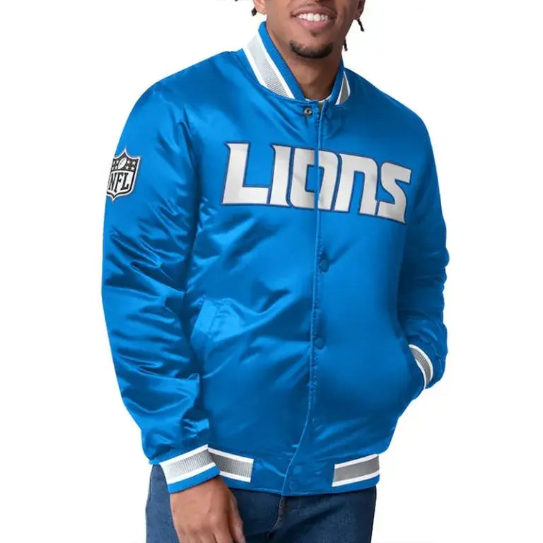Detroit Lions Closer Full-Snap Varsity Blue Satin Men's Bomber Jacket