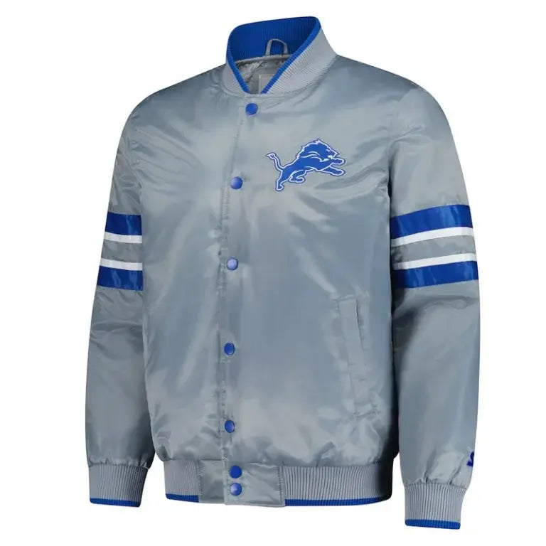 Detroit Lions Scout I Full-Snap Varsity Blue and Grey Satin Men's Bomber Jacket