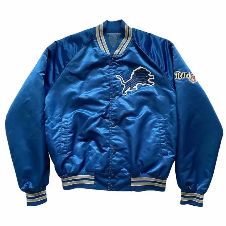 80’s Detroit Lions Full-Snap Varsity Blue Satin Men's Bomber Jacket