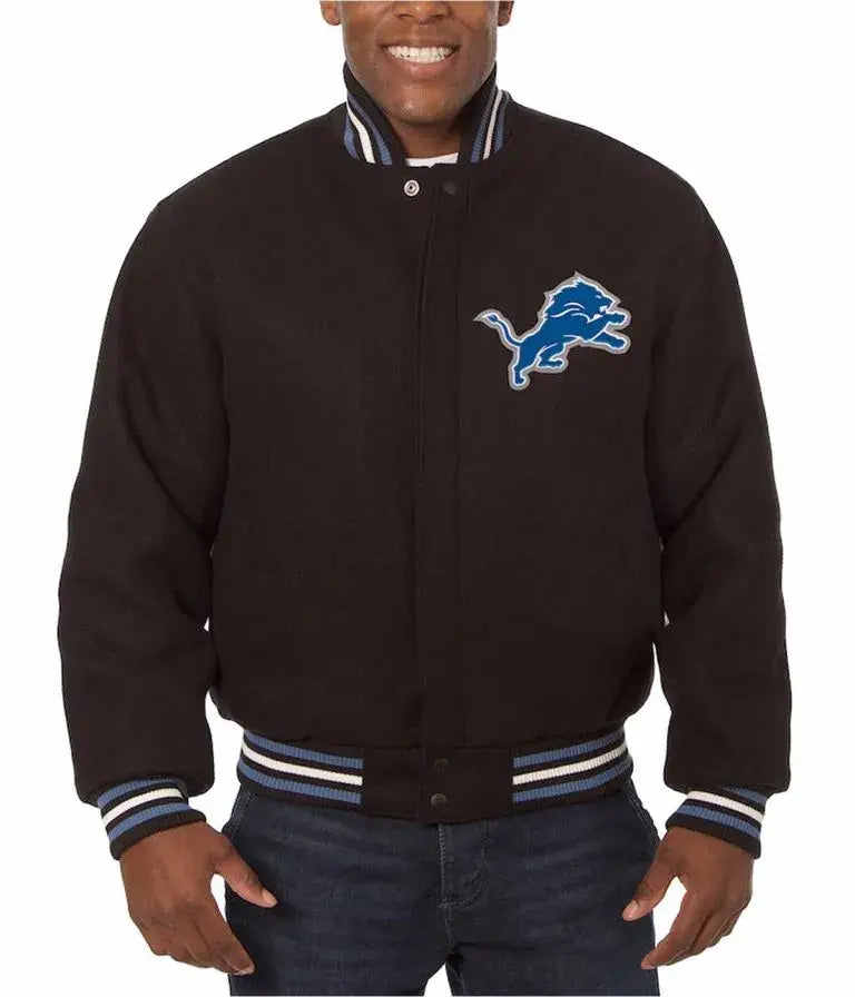 Detroit Lions Embroidered Black All Wool Men's Varsity Jacket