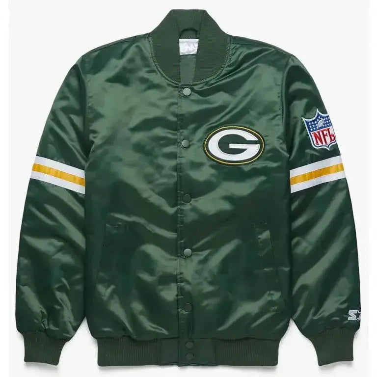 Green Bay Packers Striped Full-Snap Varsity Green Satin Men's Bomber Jacket
