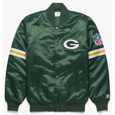 Green Bay Packers Striped Full-Snap Varsity Green Satin Men's Bomber Jacket