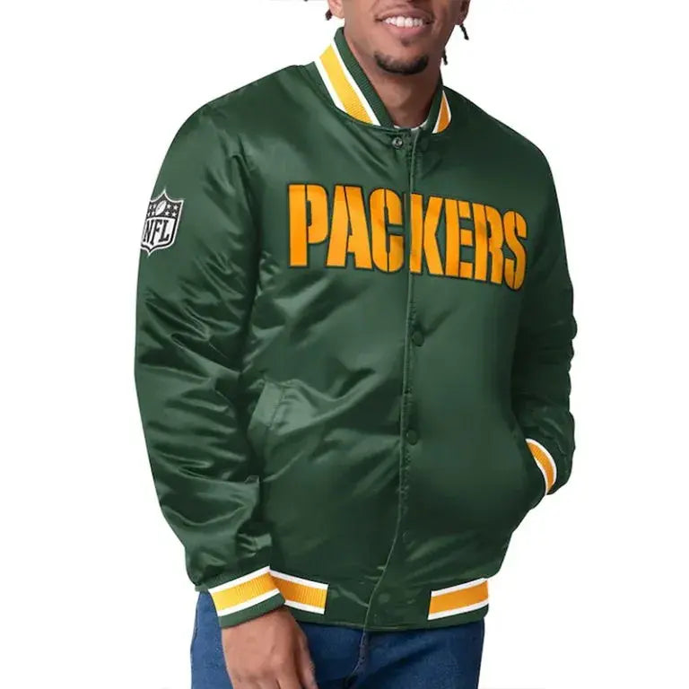 Green Bay Packers Closer Full-Snap Varsity Green Satin Men's Bomber Jacket