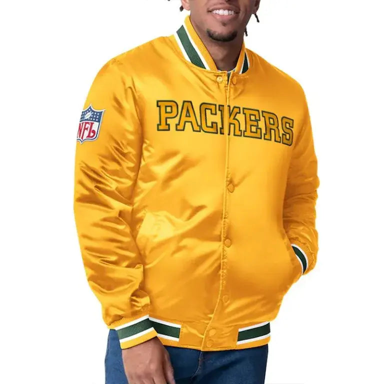Green Bay Packers Closer Full-Snap Varsity Gold Satin Men's Bomber Jacket