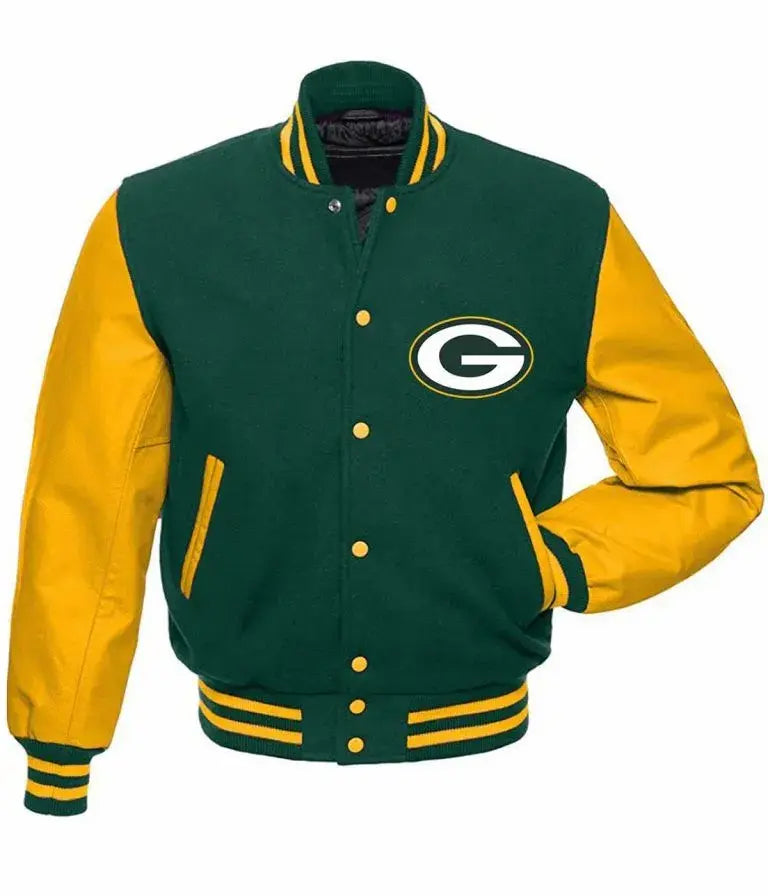 Green Bay Packers Green Wool and Yellow Genuine Leather Sleeves Men's Varsity Letterman Jacket