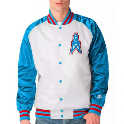 Houston Oilers Throwback Full-Snap Varsity White and Blue Satin Men's Bomber Jacket