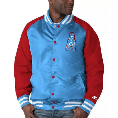 Houston Oilers Throwback Full-Snap Varsity Red and Blue Satin Men's Bomber Jacket