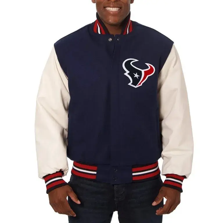 Houston Texans Navy Blue Wool and White Genuine Leather Sleeves Men's Varsity Letterman Jacket