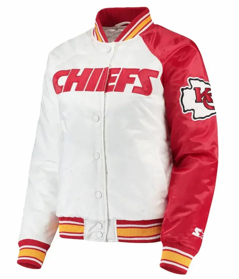 Kansas City Chiefs Full-Snap Varsity White & Red Satin Men's Bomber Jacket