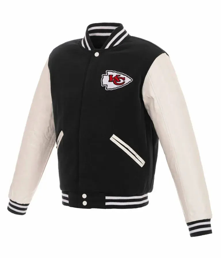 Kansas City Chiefs Black Wool and White Genuine Leather Sleeves Men's Varsity Letterman Jacket