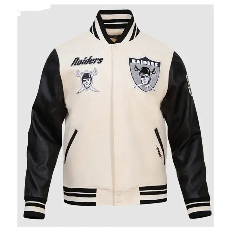 Los Vegas Raiders Retro Classic Rib Off-White Wool and Black Genuine Leather Sleeves Men's Varsity Letterman Jacket