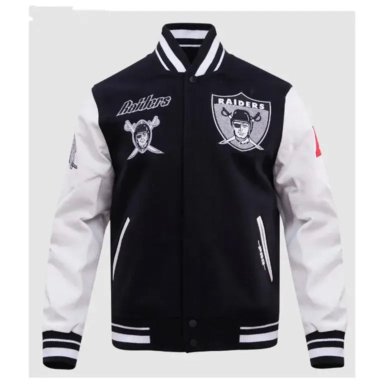 Los Vegas Raiders Retro Classic Rib Black Wool and White Genuine Leather Sleeves Men's Varsity Letterman Jacket