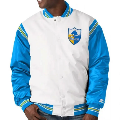 Los Angeles Chargers Renegade Throwback Full-Snap Varsity White and Powder Blue Satin Men's Bomber Jacket