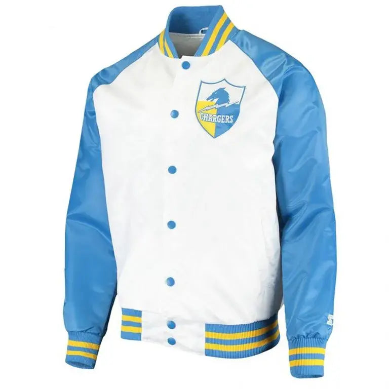 Los Angeles Chargers Renegade Throwback Full-Snap Varsity White and Powder Blue Satin Men's Bomber Jacket