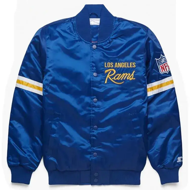 90’s Los Angeles Rams Full-Snap Varsity Royal Blue Satin Men's Bomber Jacket