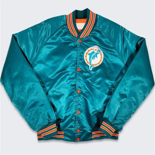 80s Miami Dolphins Full-Snap Varsity Teal Satin Men's Bomber Jacket