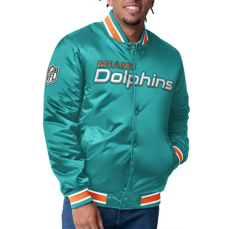 Miami Dolphins Closer Full-Snap Varsity Aqua Satin Men's Bomber Jacket