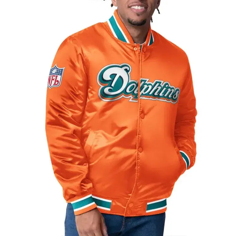 Miami Dolphins Closer Full-Snap Varsity Orange Satin Men's Bomber Jacket