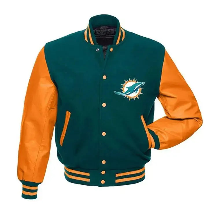Miami Dolphins Green Wool and Orange Genuine Leather Sleeves Men's Varsity Letterman Jacket