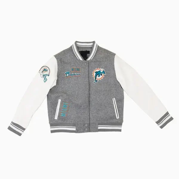 Miami Dolphins Gray Wool and White Genuine Leather Sleeves Men's Varsity Letterman Jacket