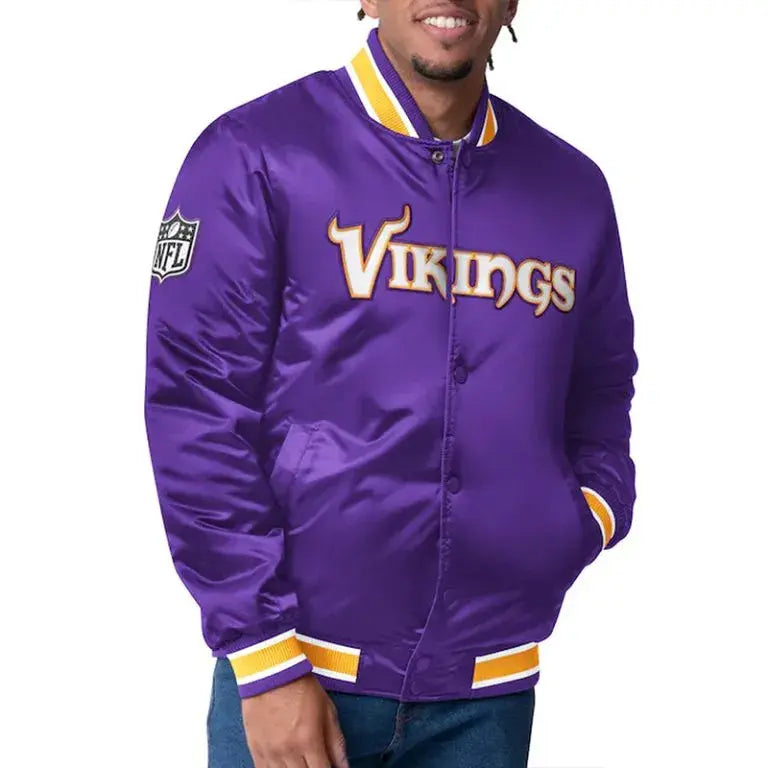 Minnesota Vikings Closer Full-Snap Varsity Purple Satin Men's Bomber Jacket