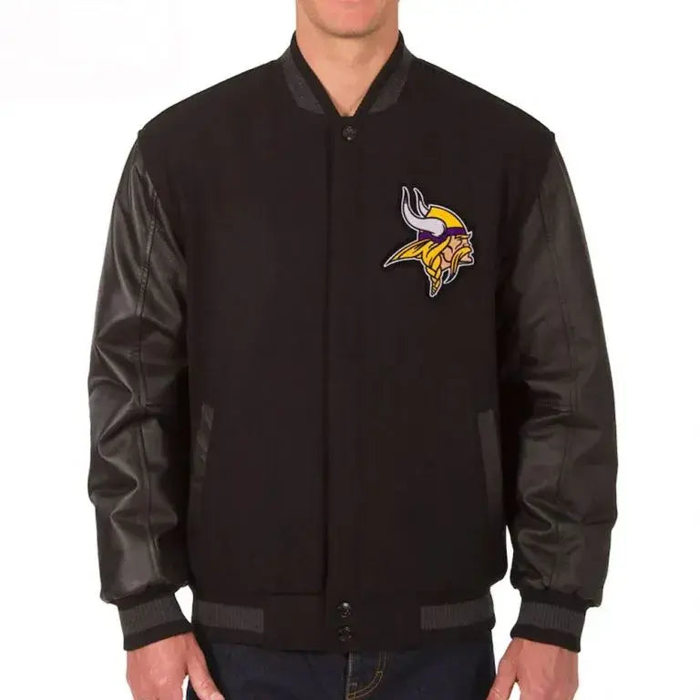Minnesota Vikings Black Wool and Genuine Leather Sleeves Men's Varsity Letterman Jacket