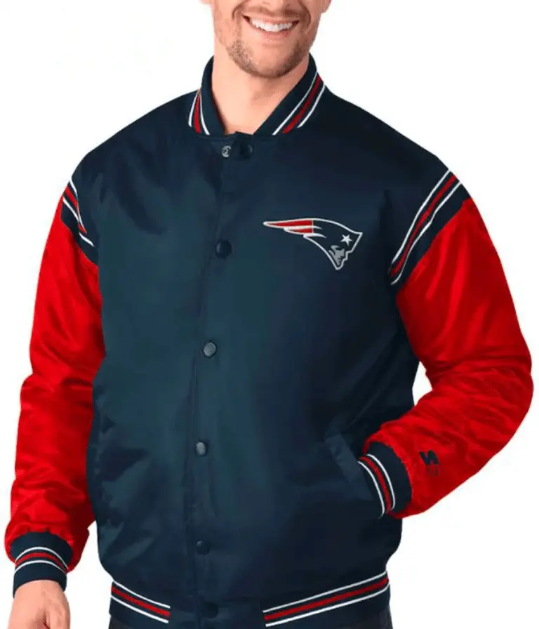 New England Patriots Full-Snap Varsity Red and Navy Blue Satin Men's Bomber Jacket