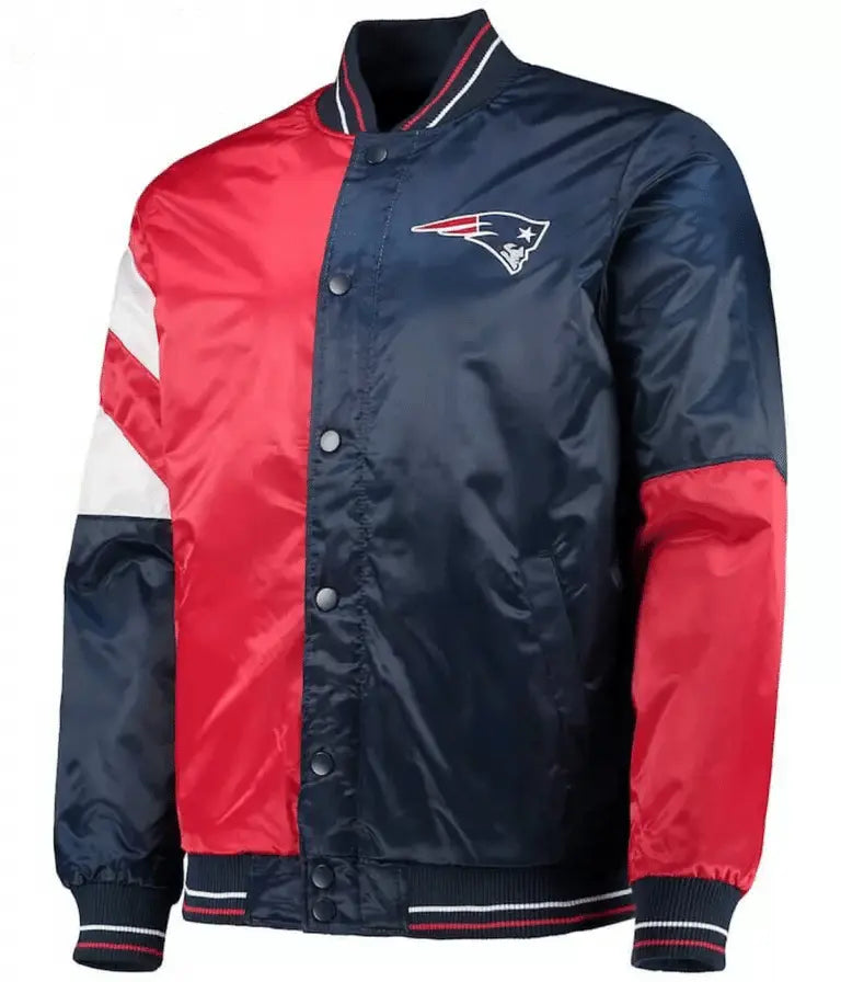 New England Patriots Full-Snap Varsity Red and Navy Blue Satin Men's Bomber Jacket