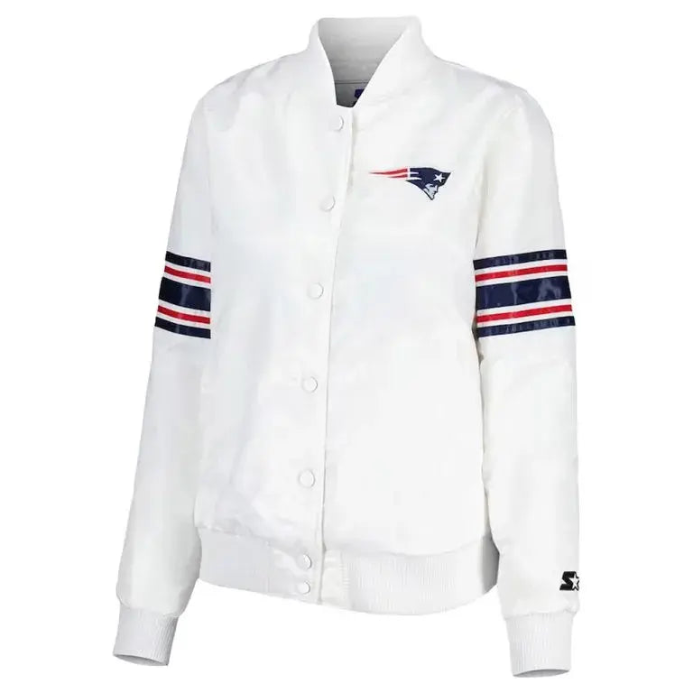 New England Patriots The Power Forward Full-Snap Varsity White Satin Men's Bomber Jacket