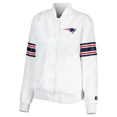 New England Patriots The Power Forward Full-Snap Varsity White Satin Men's Bomber Jacket