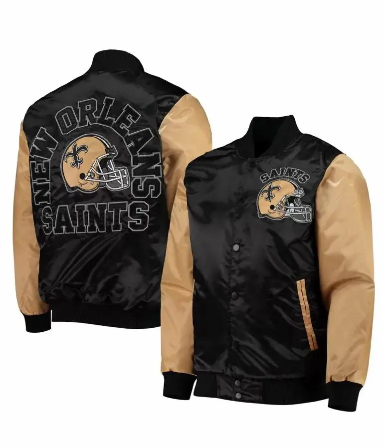 New Orleans Saints Throwback Full-Snap Varsity Black and Brown Satin Men's Bomber Jacket