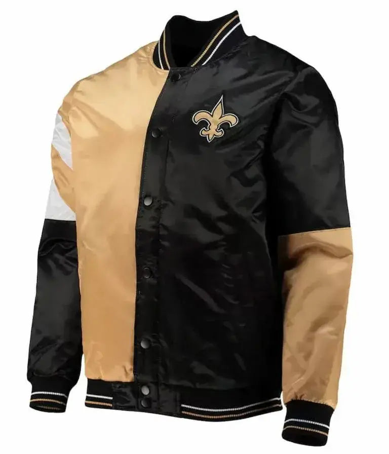 New Orleans Saints Throwback Full-Snap Varsity Black and Brown Satin Men's Bomber Jacket