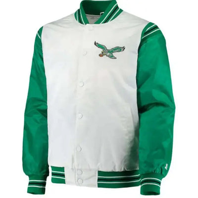 Philadelphia Eagles Renegade Logo Full-Snap Varsity Green and White Satin Men's Bomber Jacket