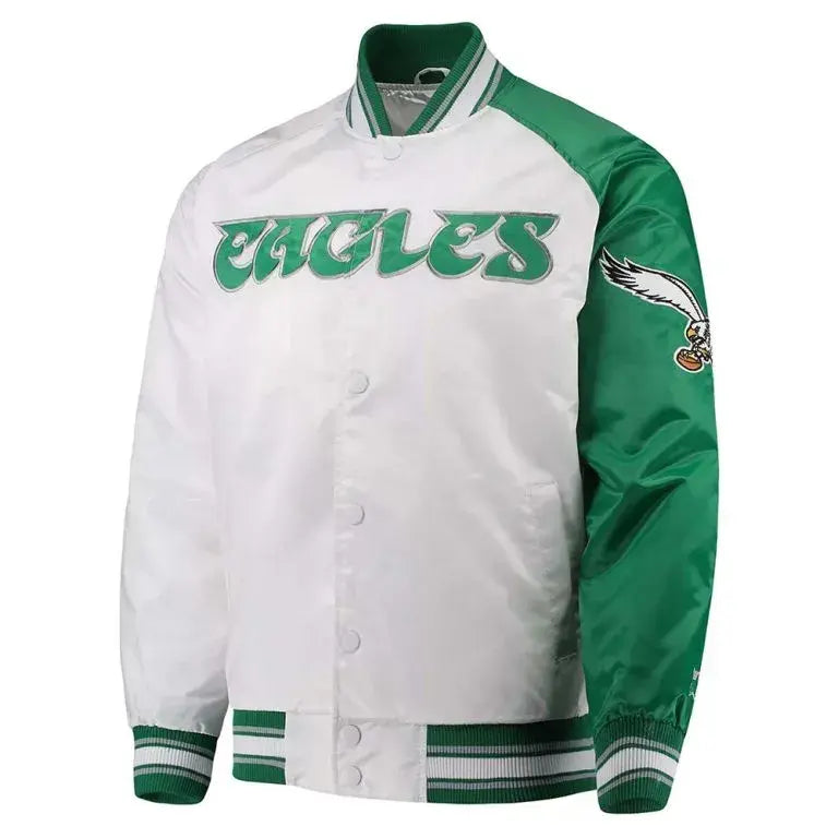 Philadelphia Eagles Renegade Logo Full-Snap Varsity Green and White Satin Men's Bomber Jacket
