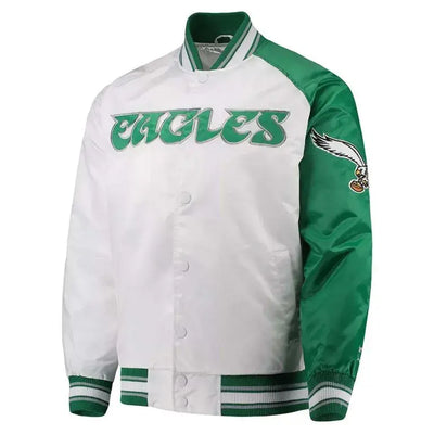 Philadelphia Eagles Renegade Logo Full-Snap Varsity Green and White Satin Men's Bomber Jacket