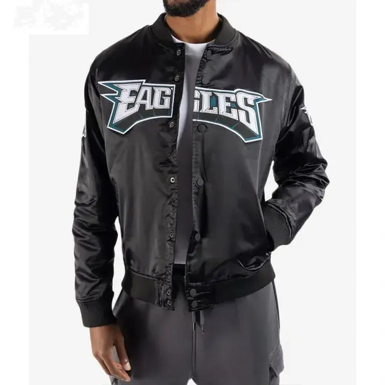 Philadelphia Eagles Big Logo Full-Snap Varsity Black Satin Men's Bomber Jacket