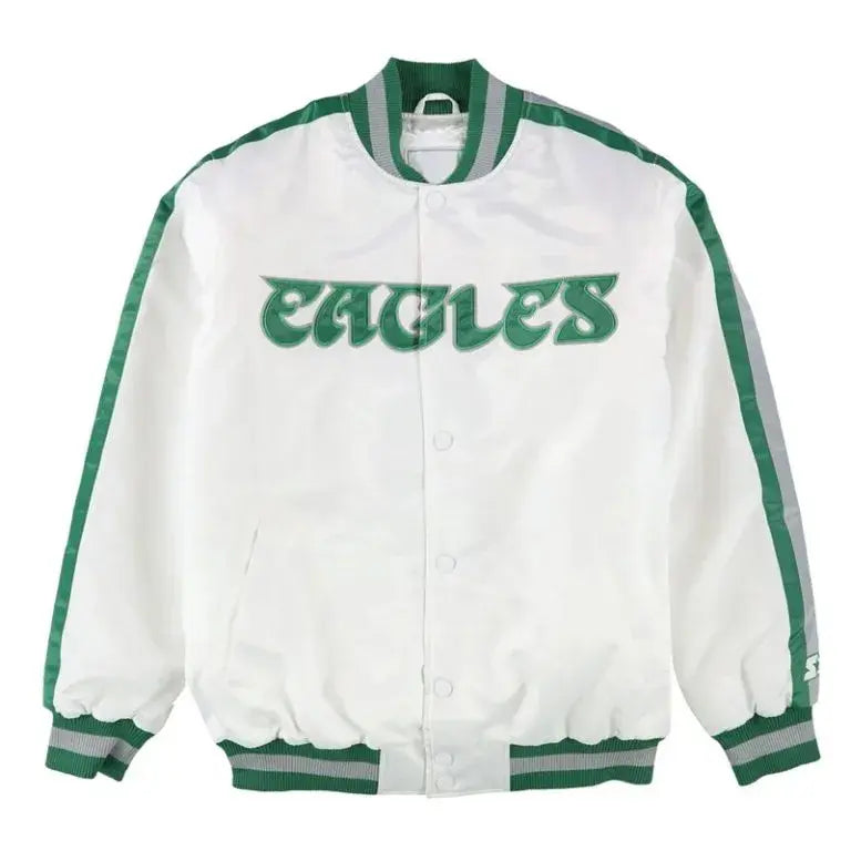 Philadelphia Eagles O-Line Full-Snap Varsity White Satin Men's Bomber Jacket
