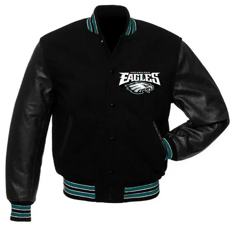 Philadelphia Eagles Black Wool & Genuine Leather Sleeves Men's Varsity Letterman Jacket
