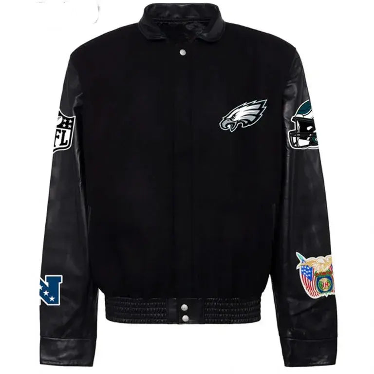 Philadelphia Eagles Black Wool & Genuine Leather Sleeves Men's Varsity Letterman Jacket