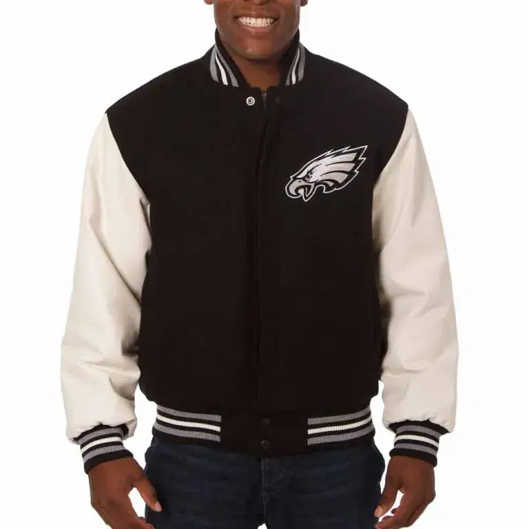Philadelphia Eagles Black Wool & White Genuine Leather Sleeves Men's Varsity Letterman Jacket