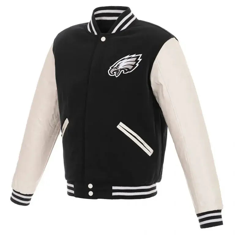 Philadelphia Eagles Black Wool & White Genuine Leather Sleeves Men's Varsity Letterman Jacket