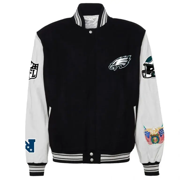 Philadelphia Eagles Black Wool & White Genuine Leather Sleeves Men's Varsity Letterman Jacket