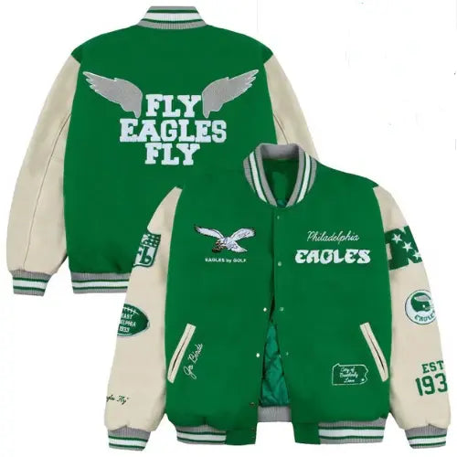 Philadelphia Eagles Go Birds Kelly Green Wool & Off White Genuine Leather Sleeves Men's Varsity Letterman Jacket