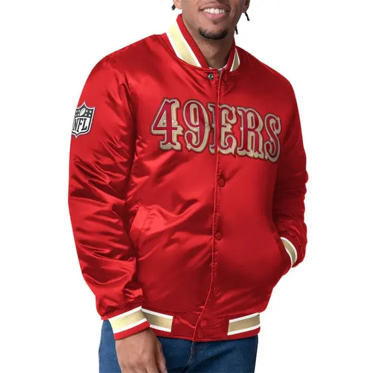 San Francisco 49ers Closer Full-Snap Varsity Red Satin Men's Bomber Jacket