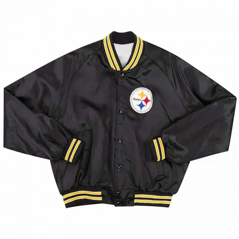 90’s Pittsburgh Steelers Full-Snap Varsity Black Satin Men's Bomber Jacket