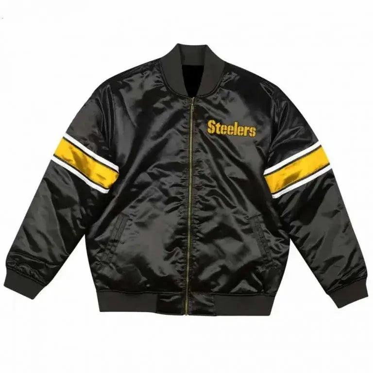 90’s Pittsburgh Steelers  Full-Zip Varsity Black Satin Men's Bomber Jacket