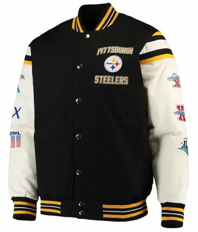 Pittsburgh Steelers Super Bowl Champions Black Wool & White Genuine Leather Sleeves Men's Varsity Letterman Jacket